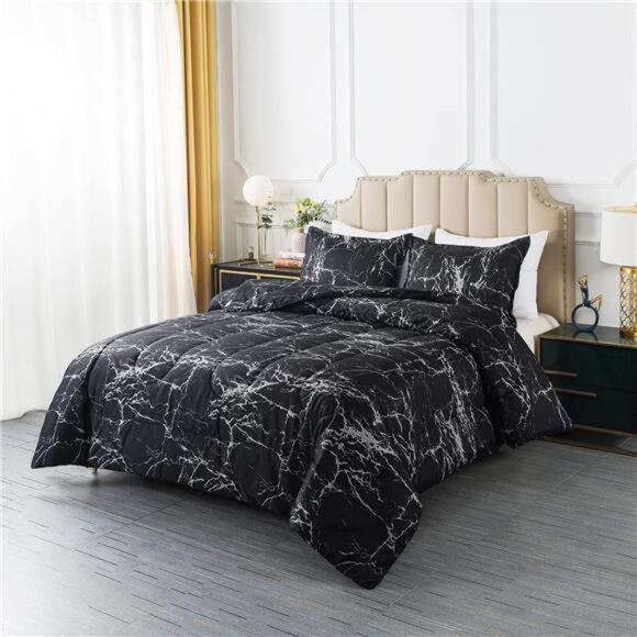 Black Marble Comforter Set Full Size, 3 Pieces Modern Pattern Soft Microfiber - Picture 2 of 8
